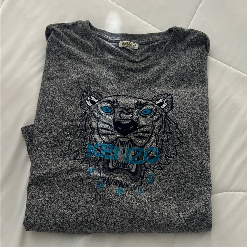 Kenzo Heather Gray T-Shirt with Blue Tiger Design